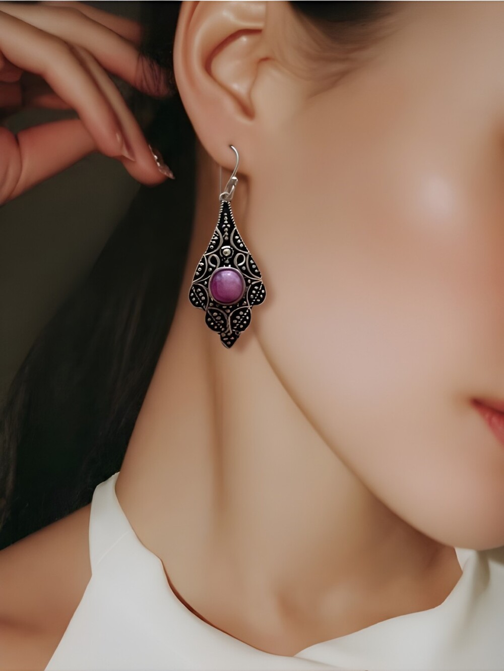 925 Sterling Silver Pink Rhodonite Gemstone Filigree Drop Earrings Lightweight